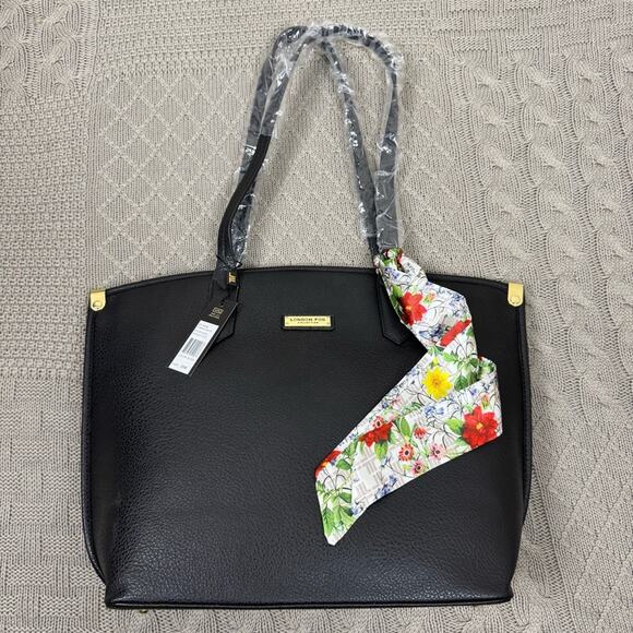 NWT London Fog Black Kinsley Tote with Floral Scarf - Picture 1 of 12